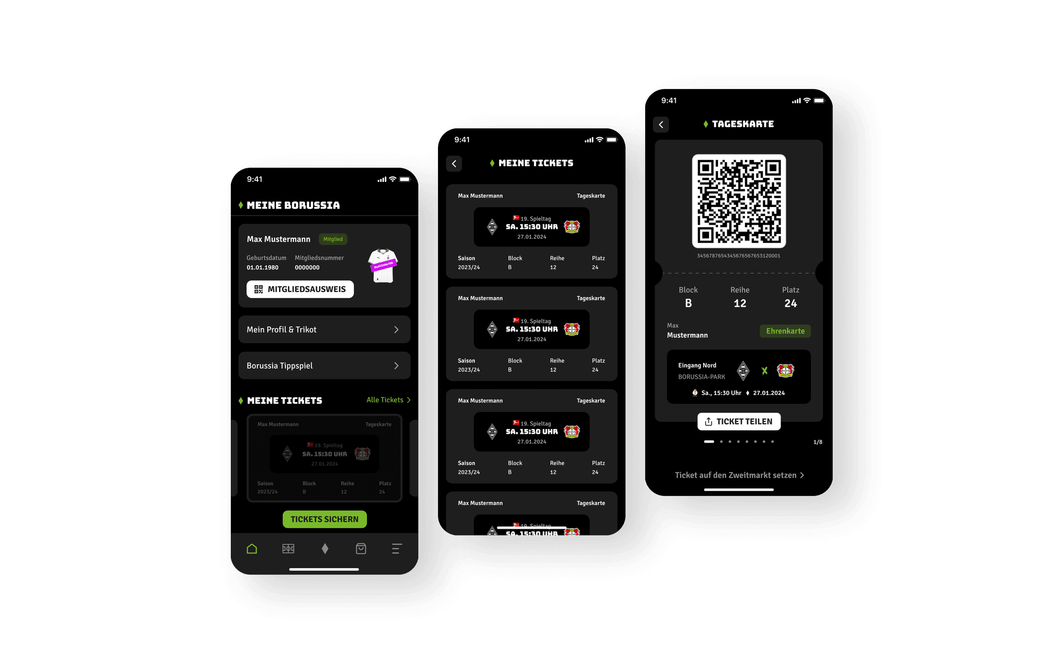 Die ersten beiden Screens präsentieren die Profilseite in der FohlenApp mit Mitgliedsausweis und Ticketoptionen sowie die Detailansicht der Tickets mit Spiel- und Platzinformationen. Der dritte Screen stellt die QR-Code Anzeige der digitalen Tickets der Borussia Mönchengladbach Spiele, mit Block, Reihe und Platz dar.