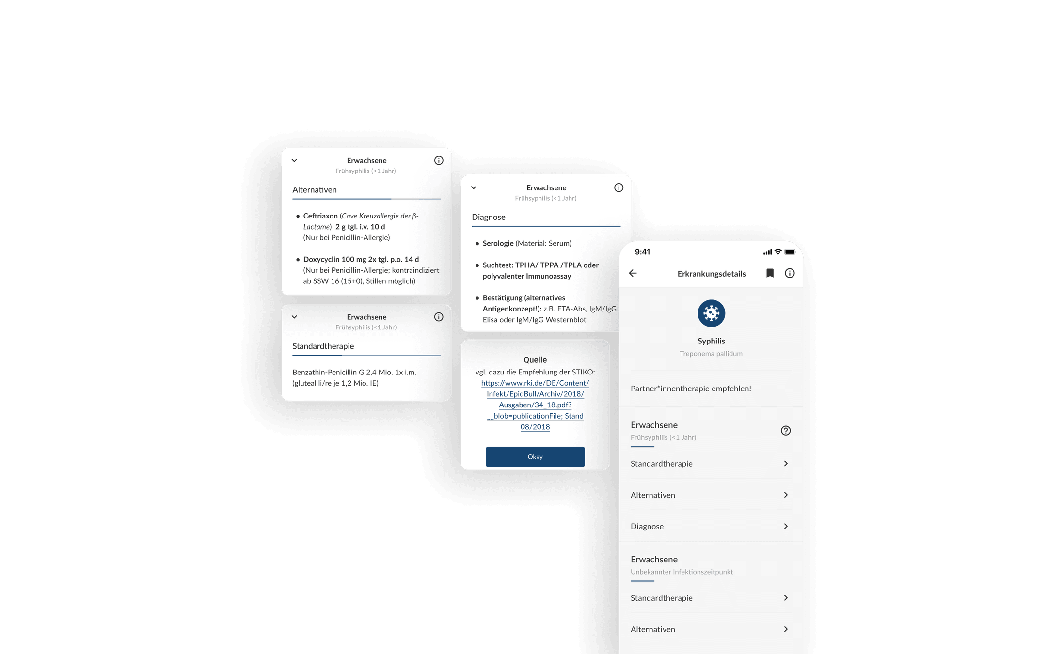 Im nächsten Abschnitt werden auf zwei Screens Informationskarten mit Therapiealternativen für Allergiker mit Anweisungen zur Medikamentenverabreichungen dargestellt sowie auch die Standardtherapie. Detailansicht der Diagnoseoptionen in Gesundheits-App, die verschiedene Testverfahren und -methoden aufzeigt.