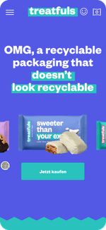 Ein Screendesign von treatfuls ist dargestellt, das dem User schnell zu verstehen gibt, dass es sich um vegane Snacks mit nachhaltigen Verpackungsdesigns handelt.